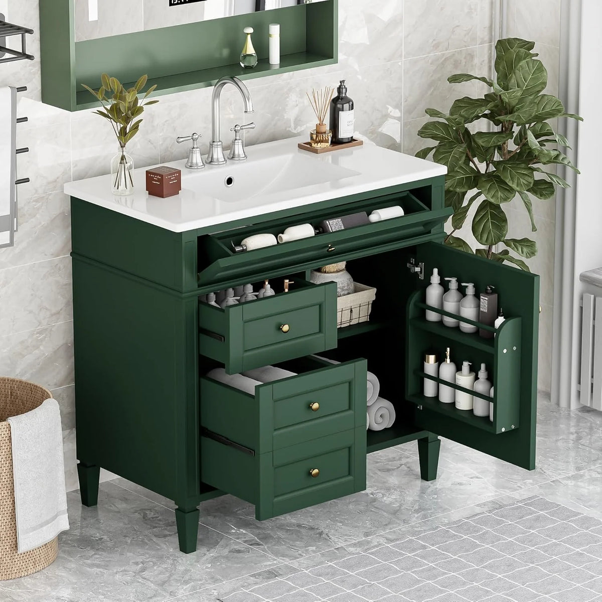 36 Inch Black Bathroom Vanity With Single Sink, 2 Drawers, Solid Wood Frame