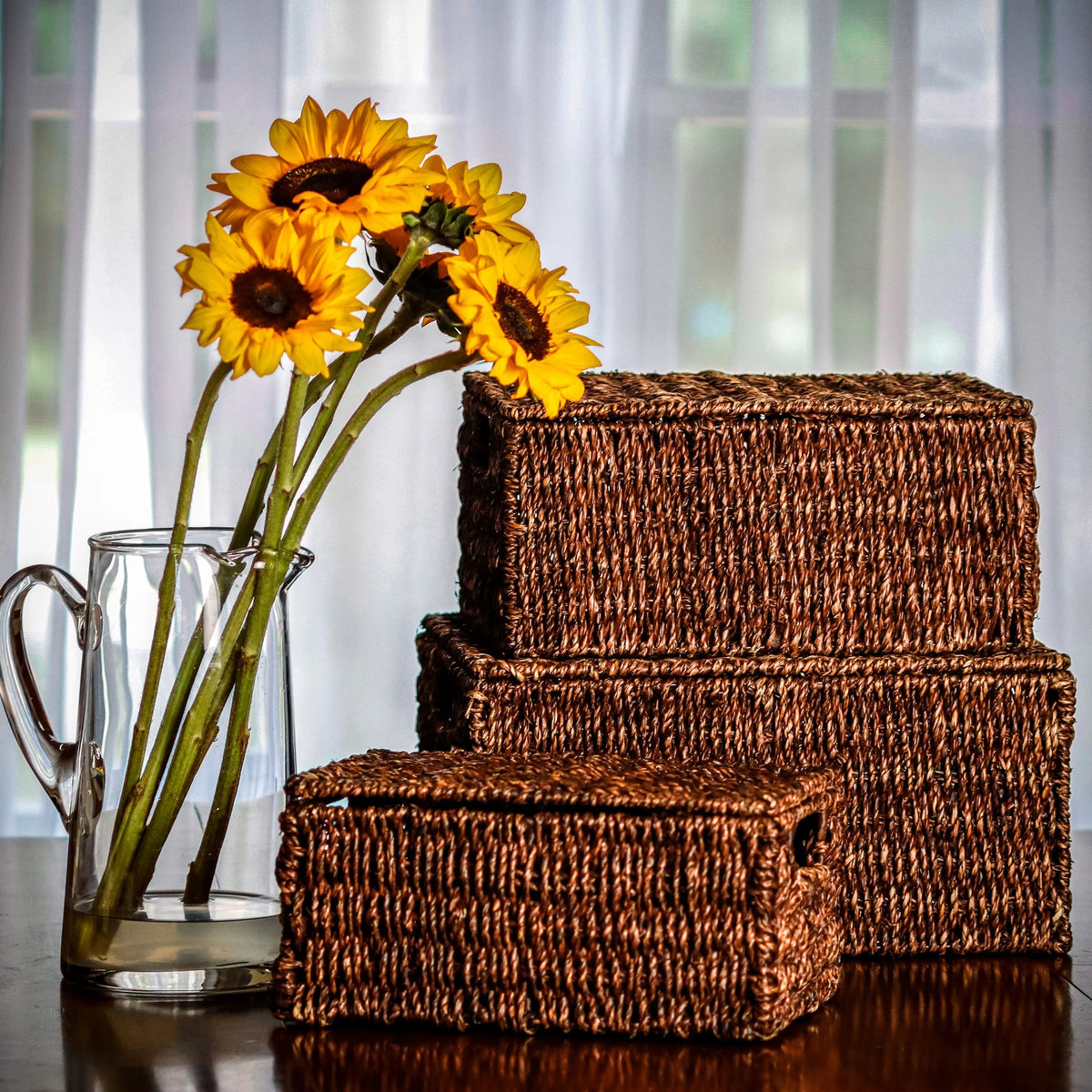 Set Of 3 Small Rectangular Seagrass Storage Baskets With Lids - Natural Beige