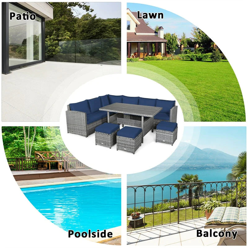 7-Piece Rattan Patio Dining Set With 3 Corner Chairs, 3 Ottomans And Table