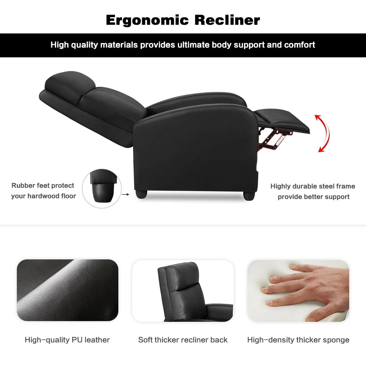 PU Leather Recliner Chair, 27.6 x 35.8 x 38.6 in, 3 Reclining Positions