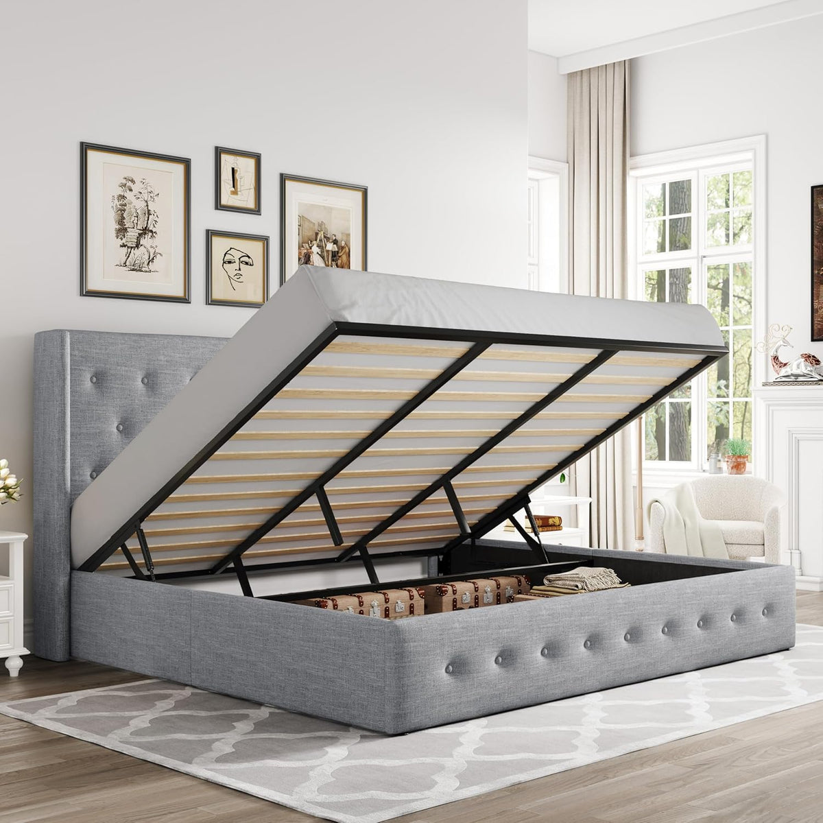 Queen Size Lift-Up Storage Bed With Wingback Headboard, Upholstered Platform Bed Frame With Hidden Storage