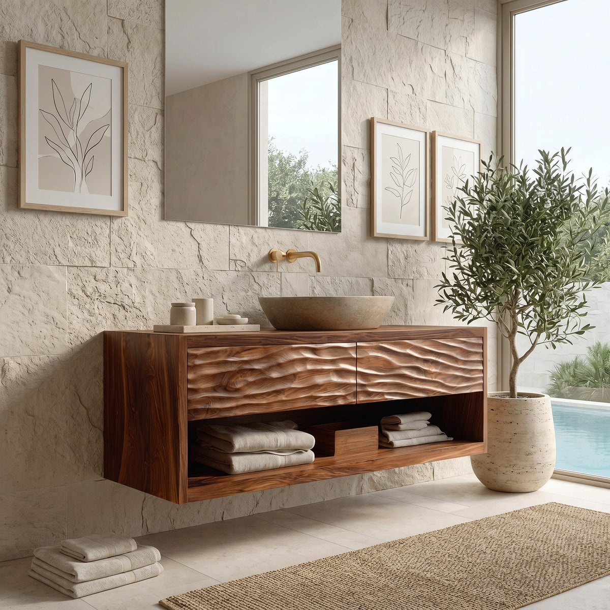 Contemporary Floating Bathroom Vanity With Carved Front For Bathroom