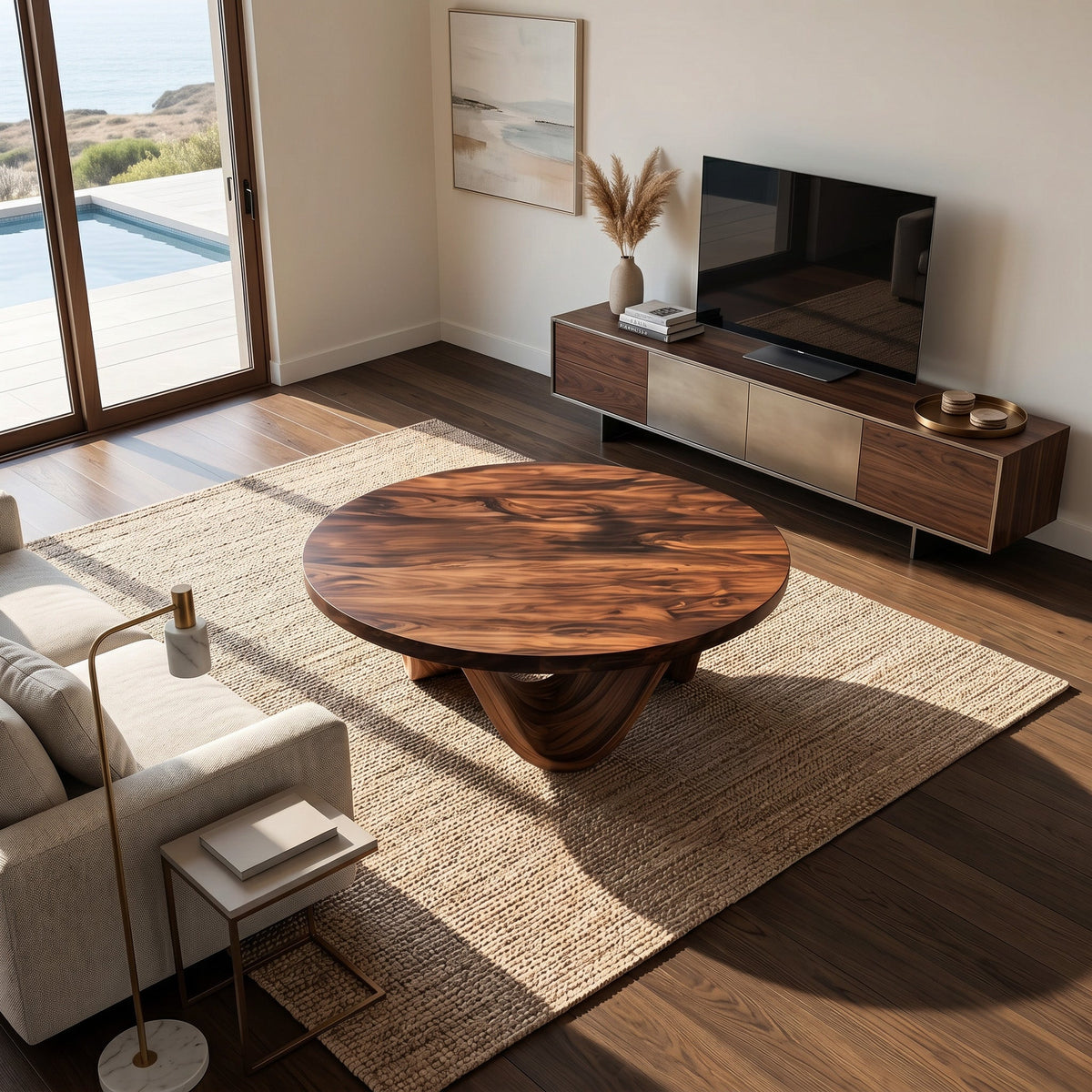 Contemporary Round Coffee Table With Continuously Curved Base For Living