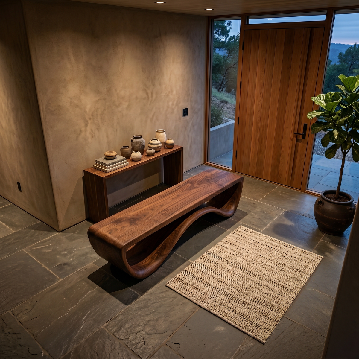 Artistic Wooden Bench With Unique Flowing Base For Modern Home