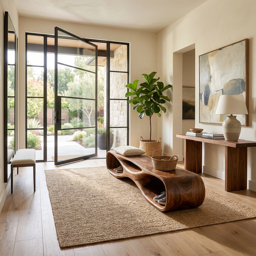 Artistic Wooden Bench With Organic Shape For Hallway