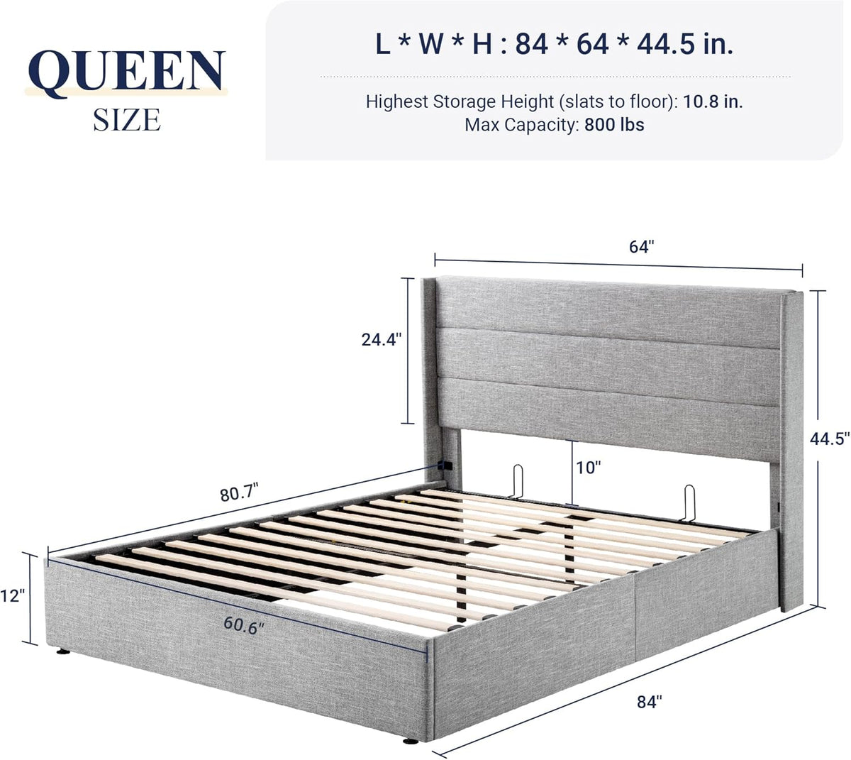 Queen Size Lift-Up Storage Bed With Wingback Headboard, Upholstered Platform Bed Frame With Hidden Storage
