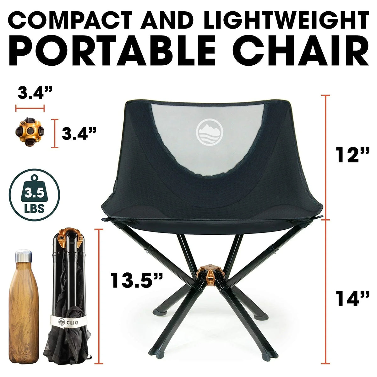 CLIQ Portable Folding Camping Chair, 300 Lbs, Black - CC01