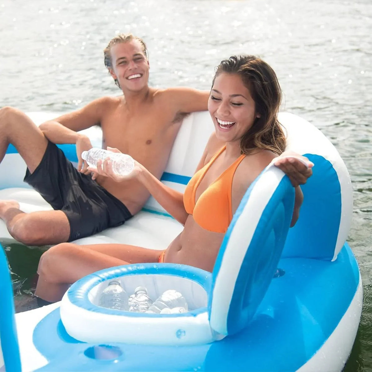 Inflatable Lake And Pool Relaxation Island Lounger, 145 x 125 x 20 in, Blue And White - 56299EP