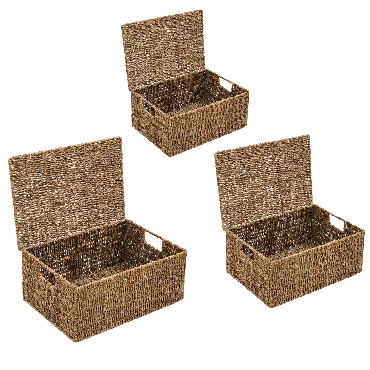 Set Of 3 Small Rectangular Seagrass Storage Baskets With Lids - Natural Beige
