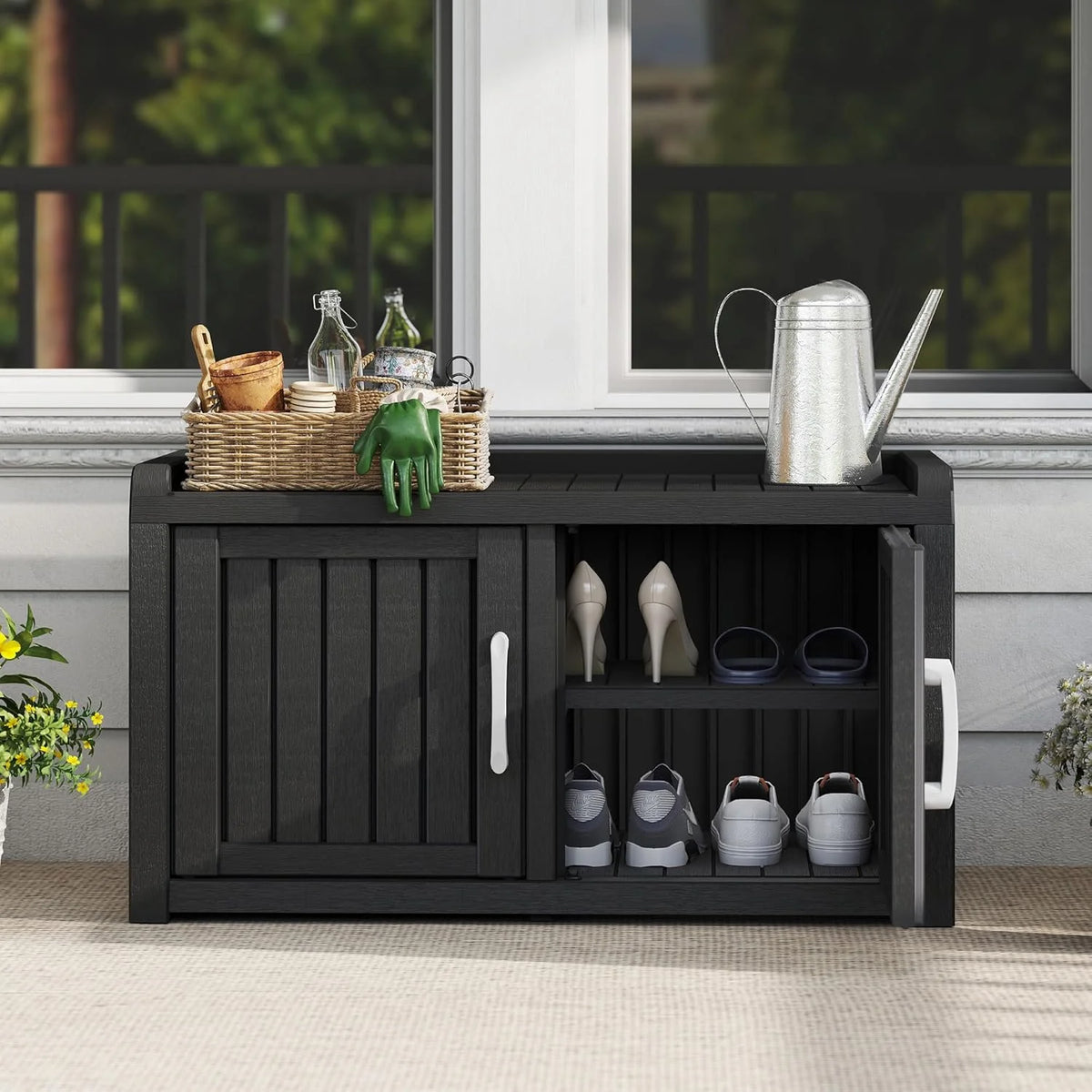 KAMABOKO Outdoor Shoe Storage Cabinet, Black, 2 Doors