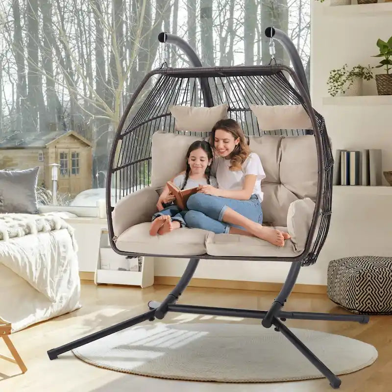 Outdoor Swing Loveseat With Stand, Foldable Hanging Chair, Hammock Cushion And Awning - Beige