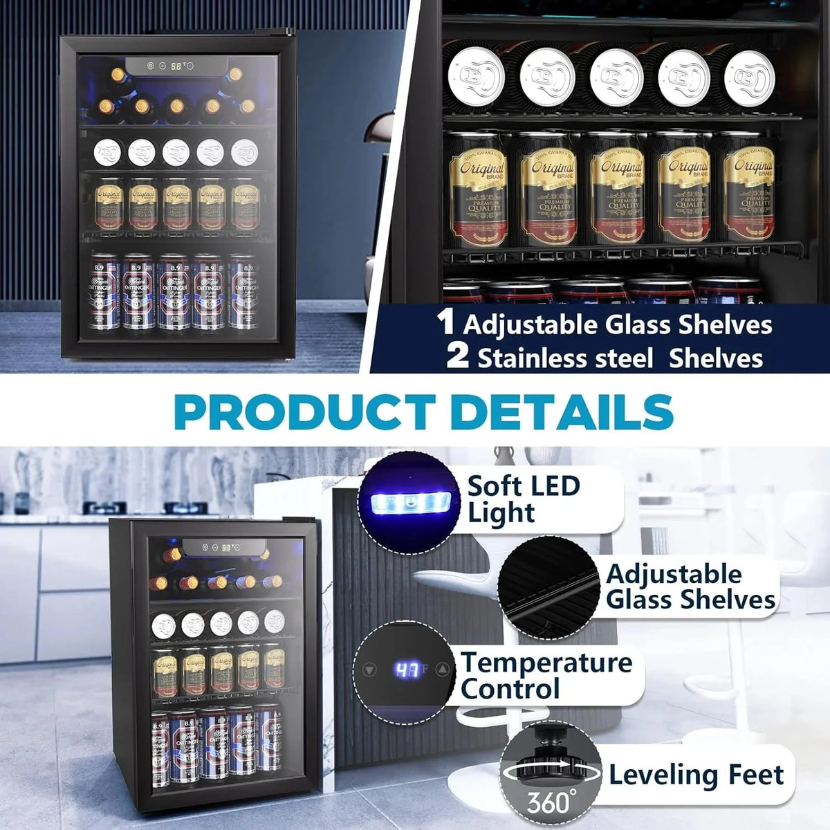 Electactic 3.2 Cu Ft 130 Can Beverage Refrigerator Cooler, Black, 19.29 x 17.32 x 30.79 inches - JC-90