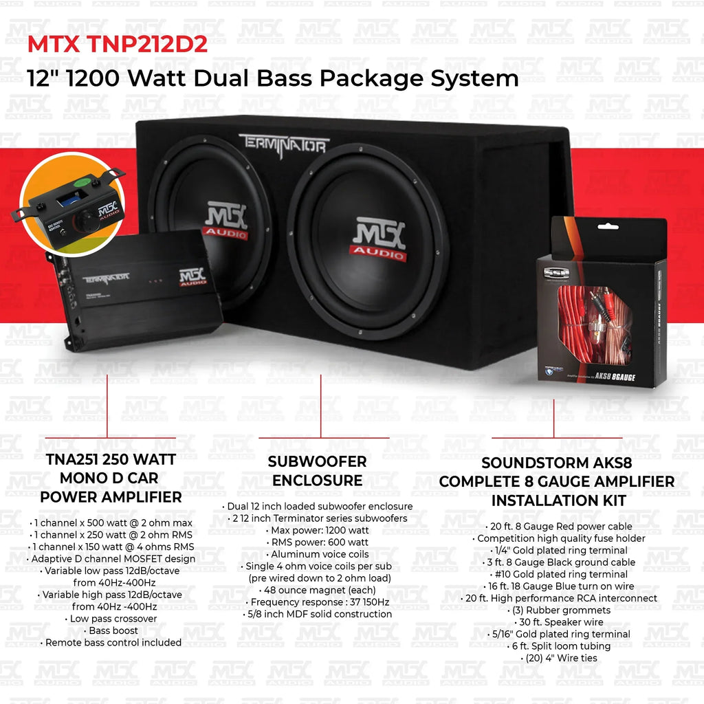 MTX Dual 12in Loaded Car Subwoofer Enclosure With Amplifier And Amp Kit - TNP212D2