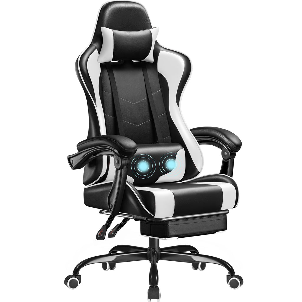 Ergonomic Gaming Chair With Footrest, Massage Lumbar Support, Reclining Backrest And PU Leather