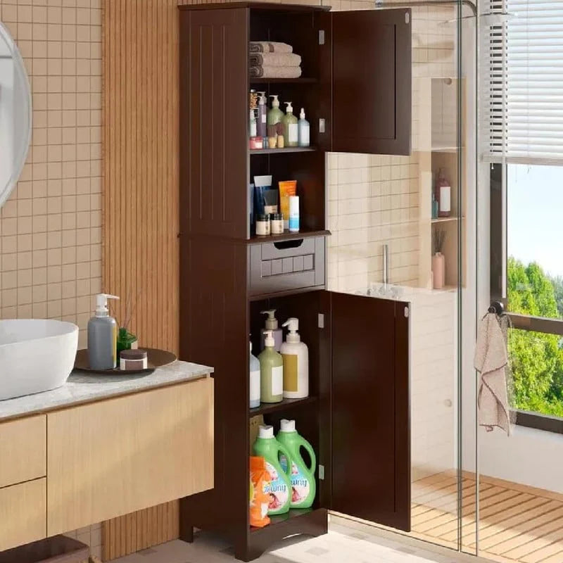 67 Inch Tall Narrow Bathroom Linen Storage Cabinet, 5-Tier Solid Wood Freestanding