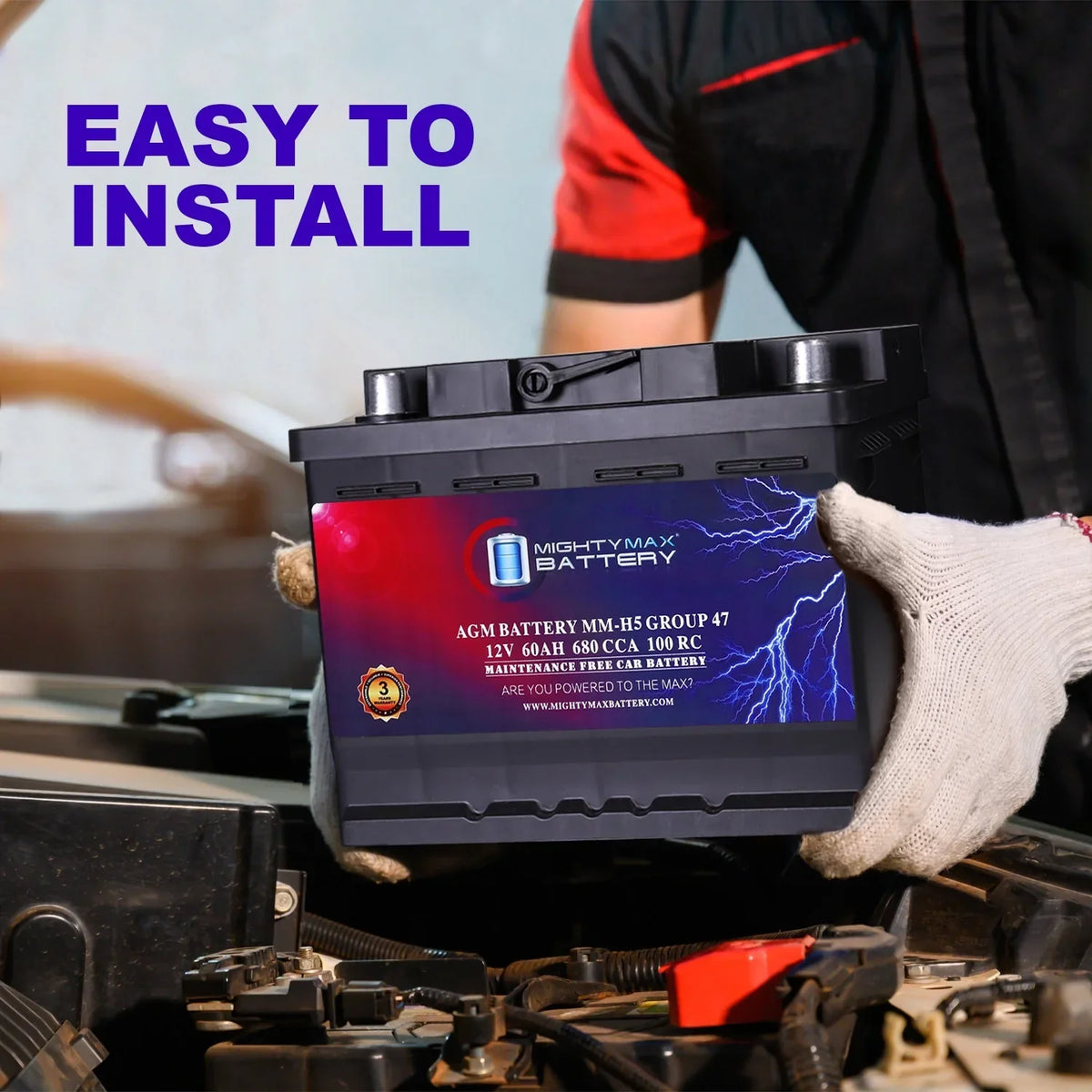 Mighty Max Battery AGM Car Battery, Group Size 47, 12V 60 AH, 680 CCA, 100RC - MM-H5