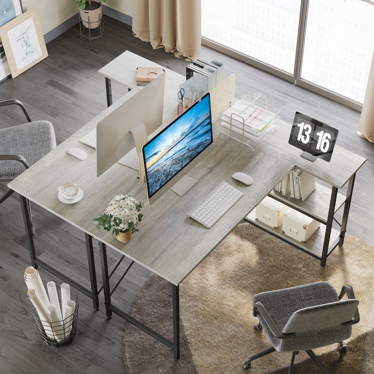 Small L-Shaped Computer Desk With Reversible Storage Shelves - 55-Inch / 47-Inch