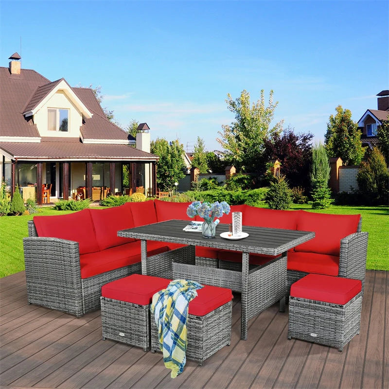 7-Piece Rattan Patio Dining Set With 3 Corner Chairs, 3 Ottomans And Table