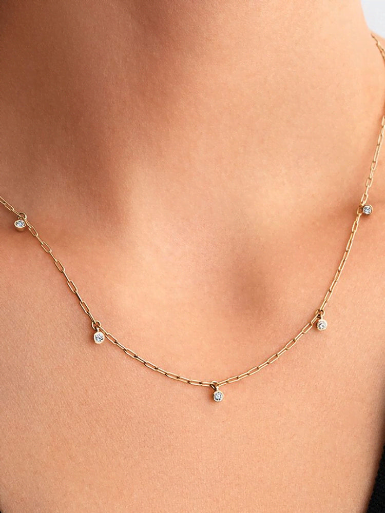 Pandora Era Bezel Lab-Grown Diamond Dangle Station Paperclip Chain Necklace