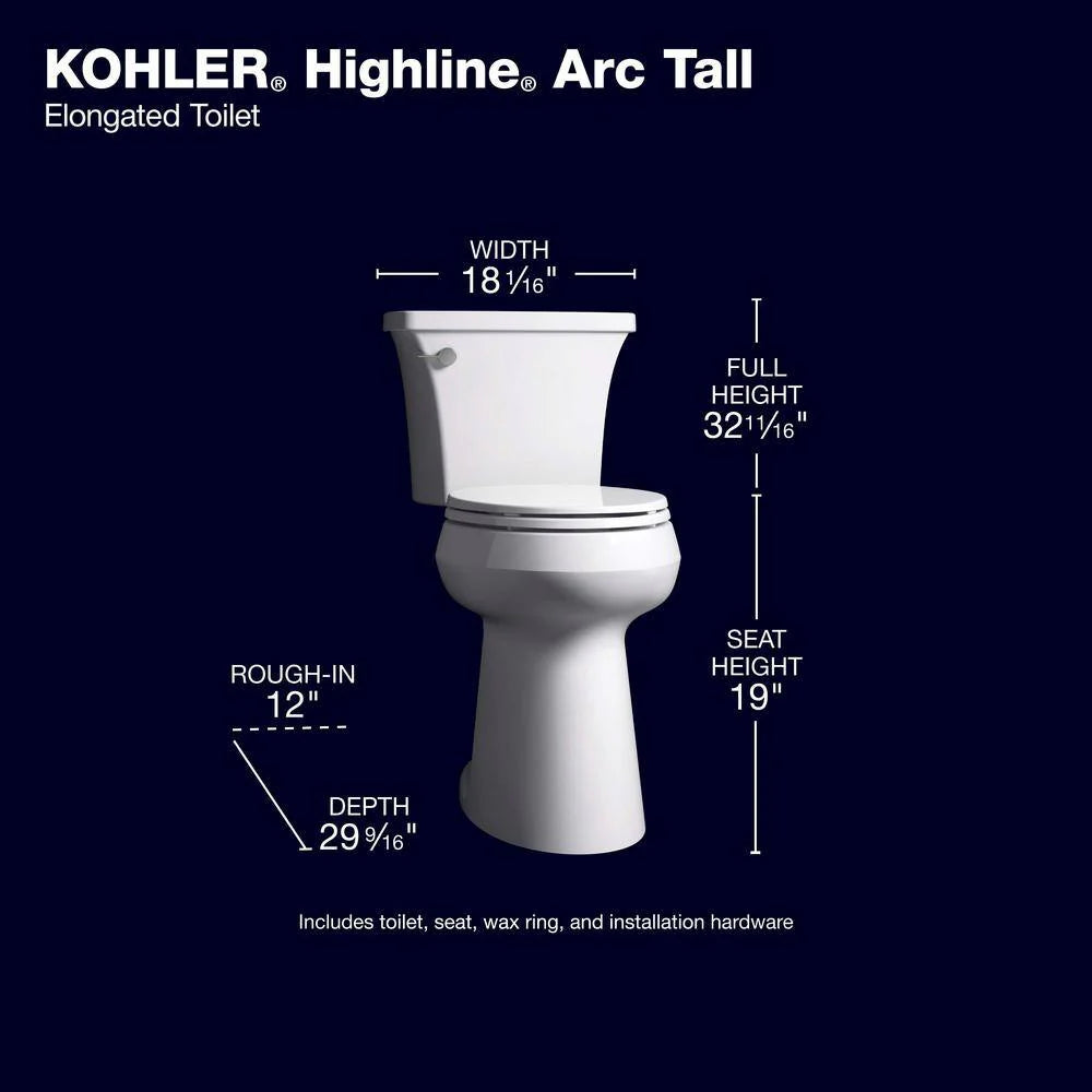 KOHLER Highline Arc Extra Tall Elongated Toilet, White, 1.28 GPF, 2-Piece - 78305-0