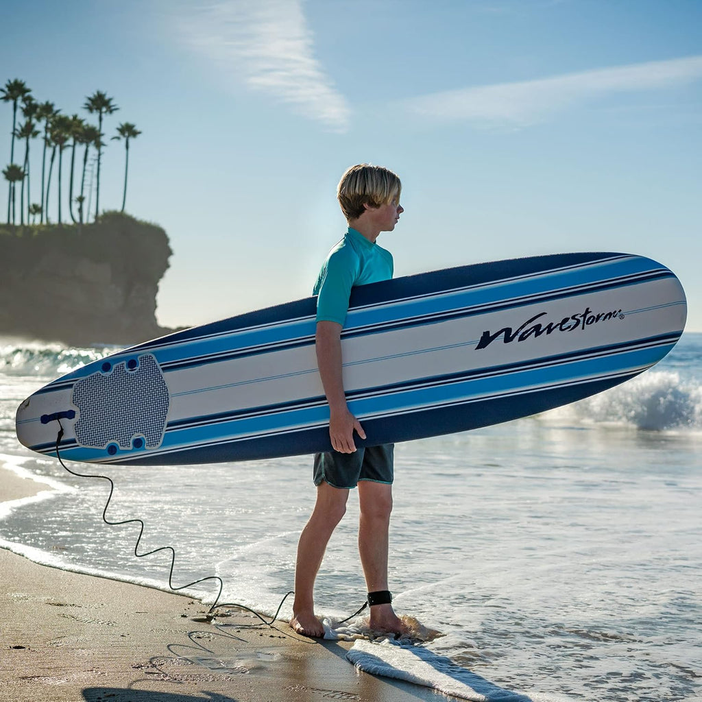 8ft Soft Top Foam Surfboard, EPS Core, 3 Stringers, Wax-Free Longboard, 200lb Capacity