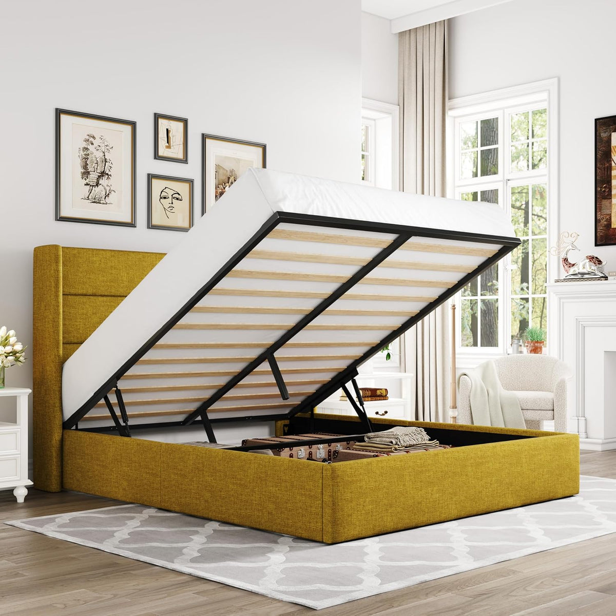 Queen Size Lift-Up Storage Bed With Wingback Headboard, Upholstered Platform Bed Frame With Hidden Storage