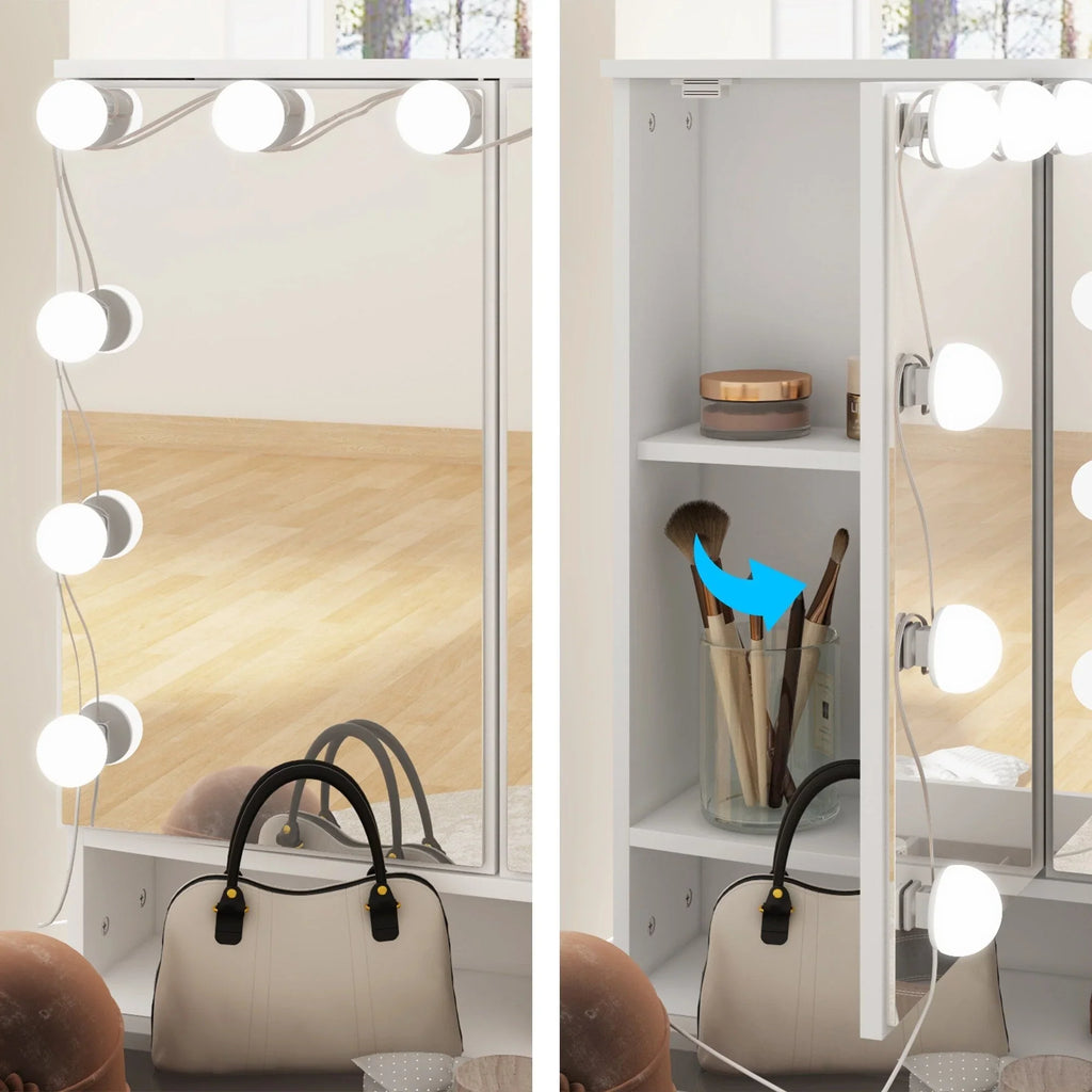 Makeup Vanity Dresser With Tri-Fold Mirror, Glass Top And 15 Bulbs - 40.2 x 53.6 x 19.7