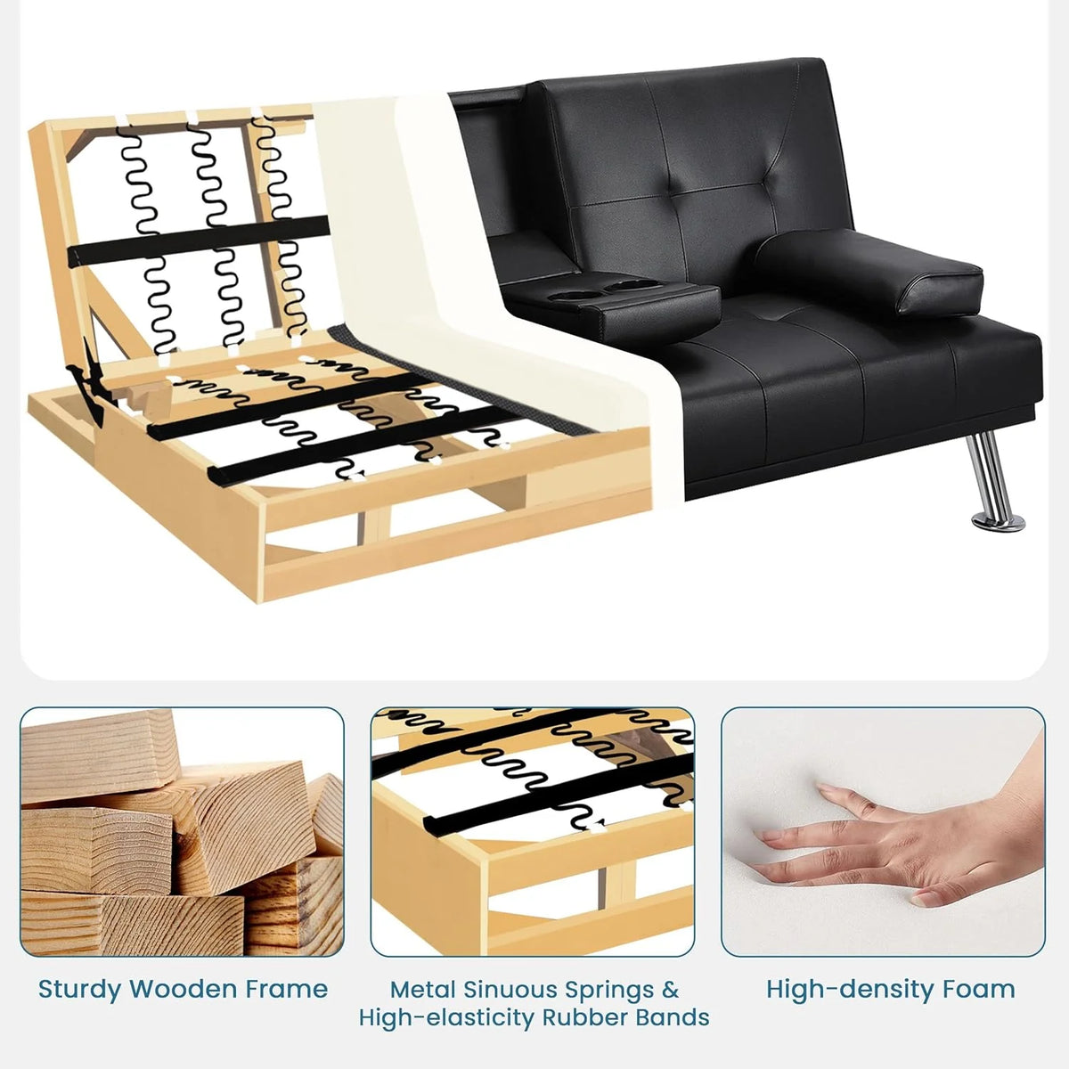Yaheetech Convertible Faux Leather Sofa Bed, 3 Angles, 772lb Capacity, Black