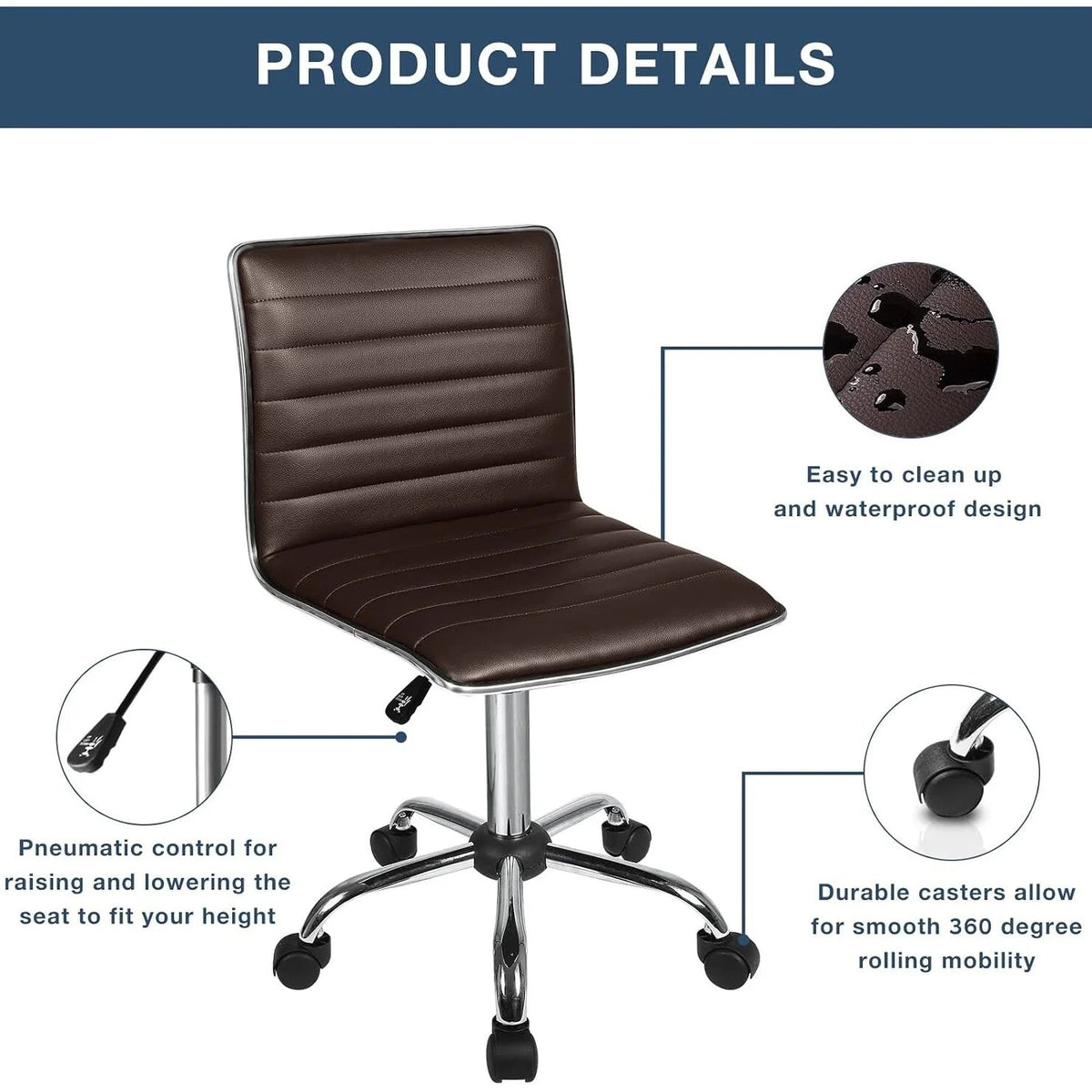 Adjustable Mid-Back Armless Swivel Office Chair With PU Leather - 265 lbs.