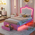 Twin Upholstered Bed Frame With LED Lights, Crown Headboard, Drawer, Pink+White - 76.8L x 44.1W x 51H