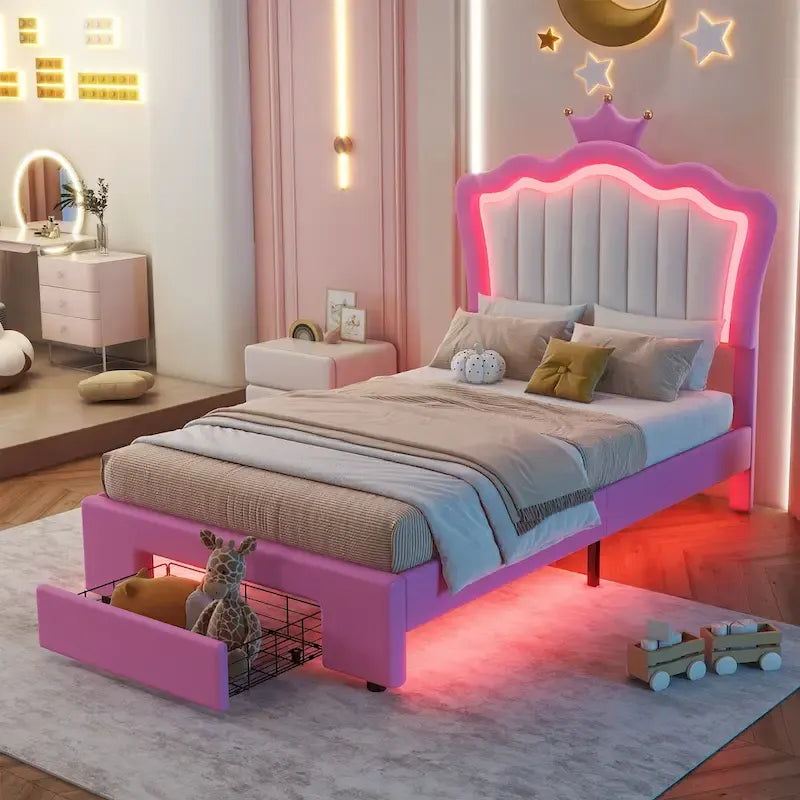 Twin Upholstered Bed Frame With LED Lights, Crown Headboard, Drawer, Pink+White - 76.8L x 44.1W x 51H