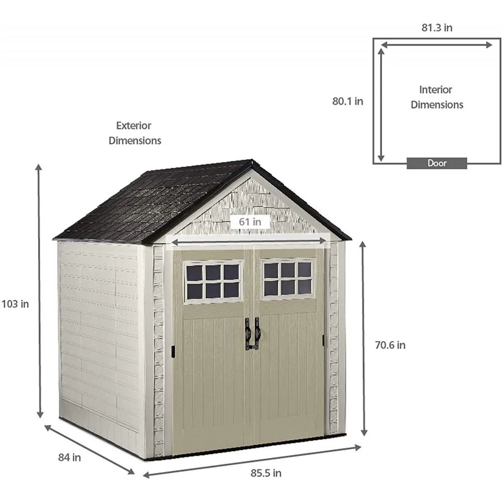 Rubbermaid Resin Outdoor Garden Storage Shed 7 x 7 ft, Sand - With Windows And Utility Hooks
