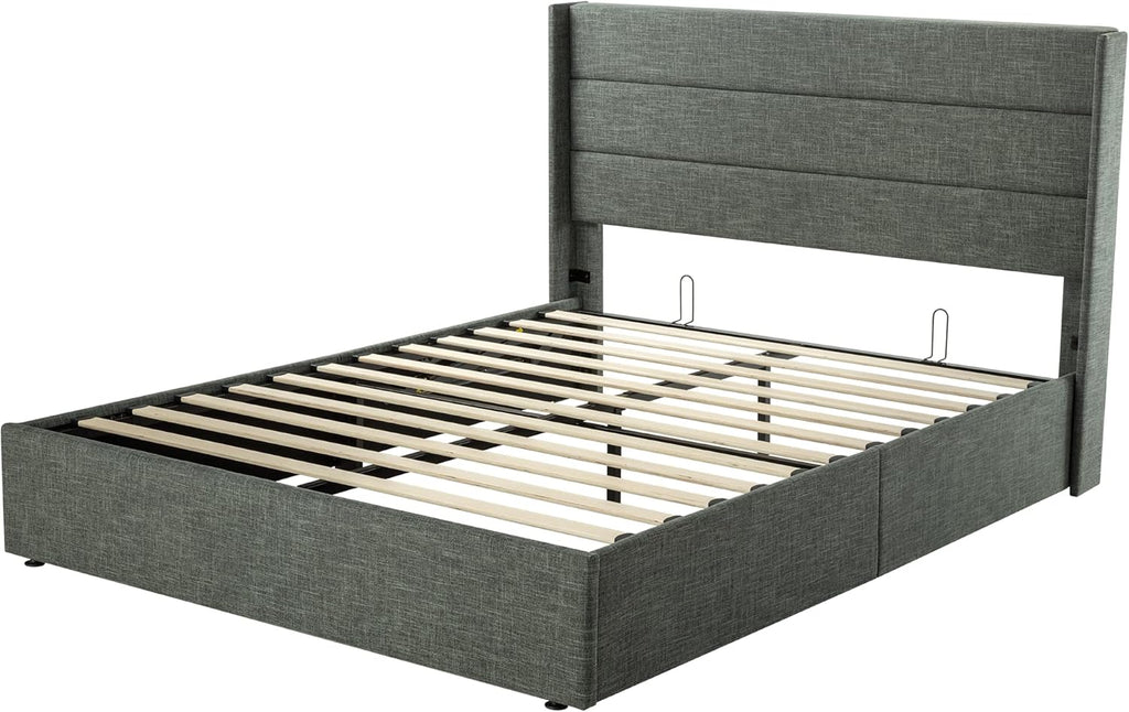 Queen Size Lift-Up Storage Bed With Wingback Headboard, Upholstered Platform Bed Frame With Hidden Storage