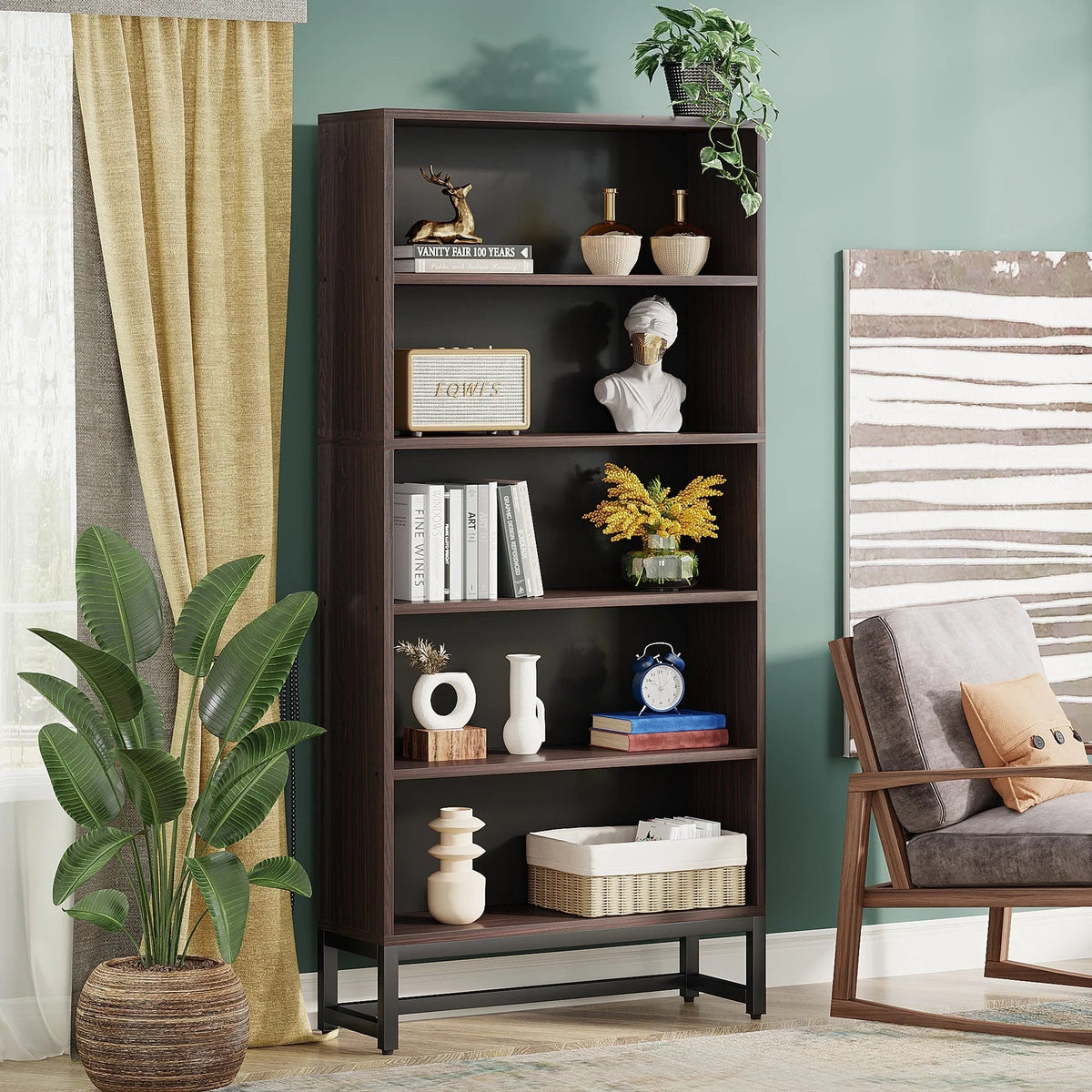 5-Tier Bookcase 31.5 Inch Wide x 11.81 Inch Deep x 70.87 Inch Tall - Sandalwood, Walnut, White, Black