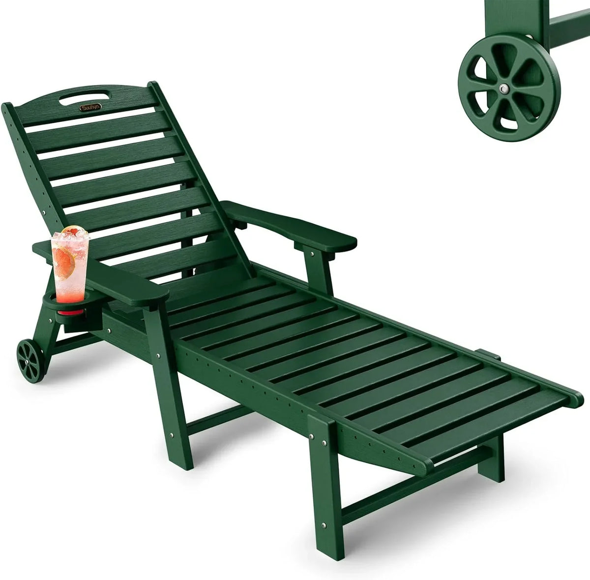 SUUNYN HDPE 6-Position Outdoor Chaise Lounge Chair With Wheels And Cup Holder - Teak