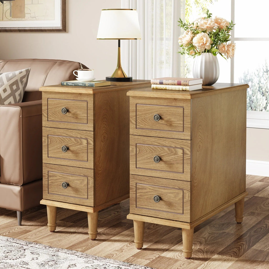 Solid Wood Narrow End Table With 3 Drawers - Fully Assembled