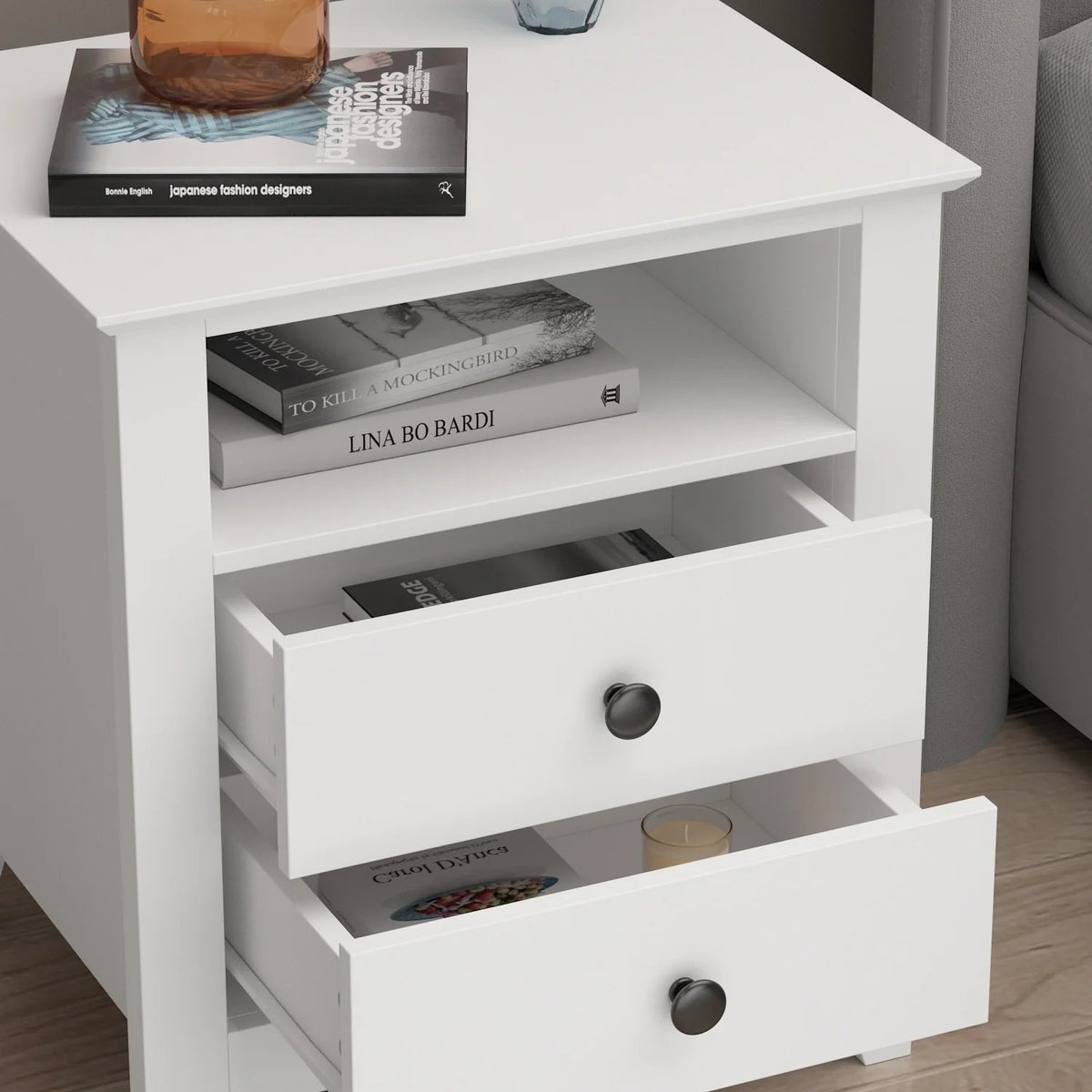 White Nightstand With 2 Drawers And 1 Open Shelf - 21.7 Inch Tall
