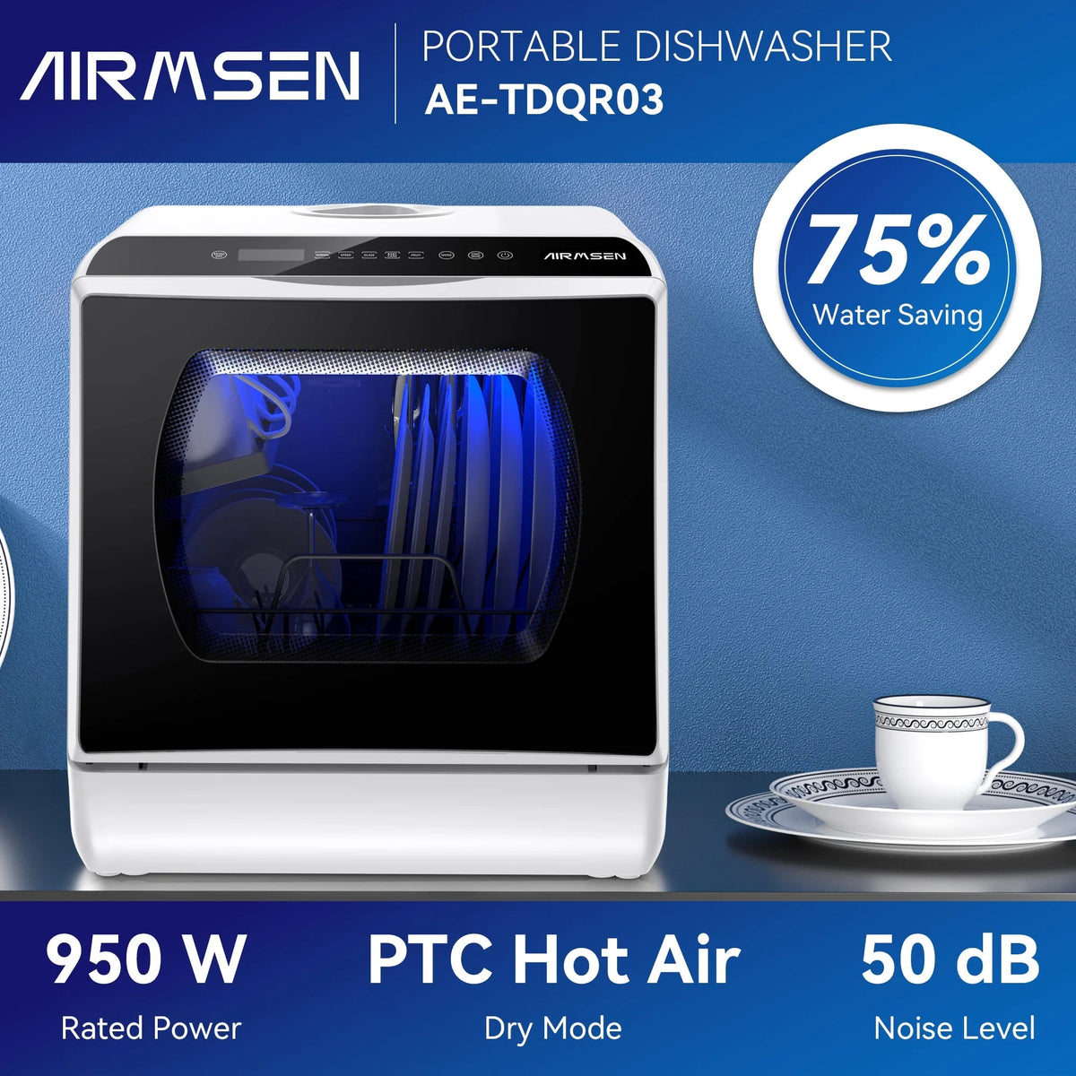 AIRMSEN Portable Countertop Dishwasher With 5L Built-In Water Tank And 5 Washing Programs - AE-TDQR03