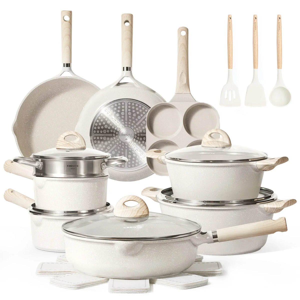 Nonstick Granite Kitchen Cookware Set, 21-Piece, Beige, Induction