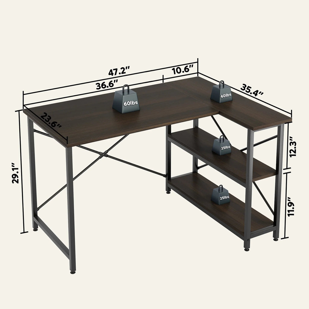 Small L-Shaped Computer Desk With Reversible Storage Shelves - 55-Inch / 47-Inch