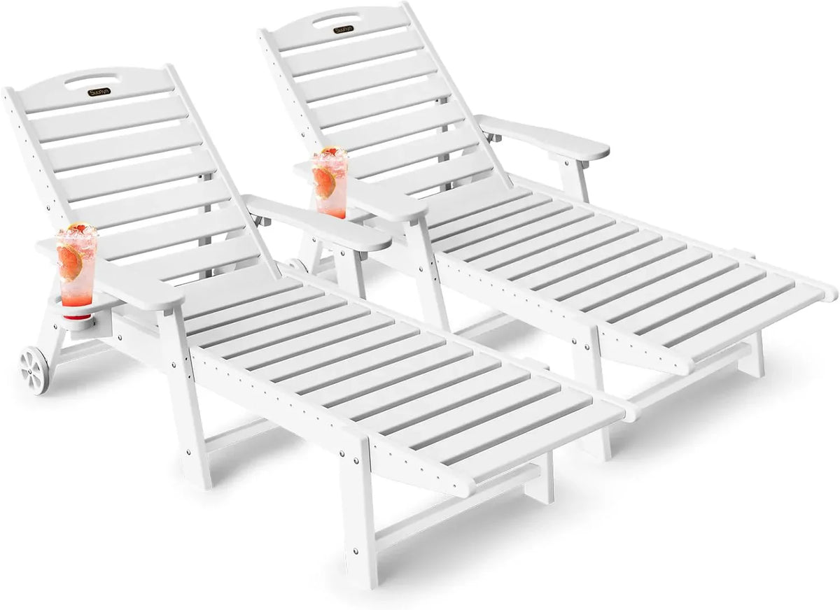 SUUNYN HDPE 6-Position Outdoor Chaise Lounge Chair With Wheels And Cup Holder - Teak