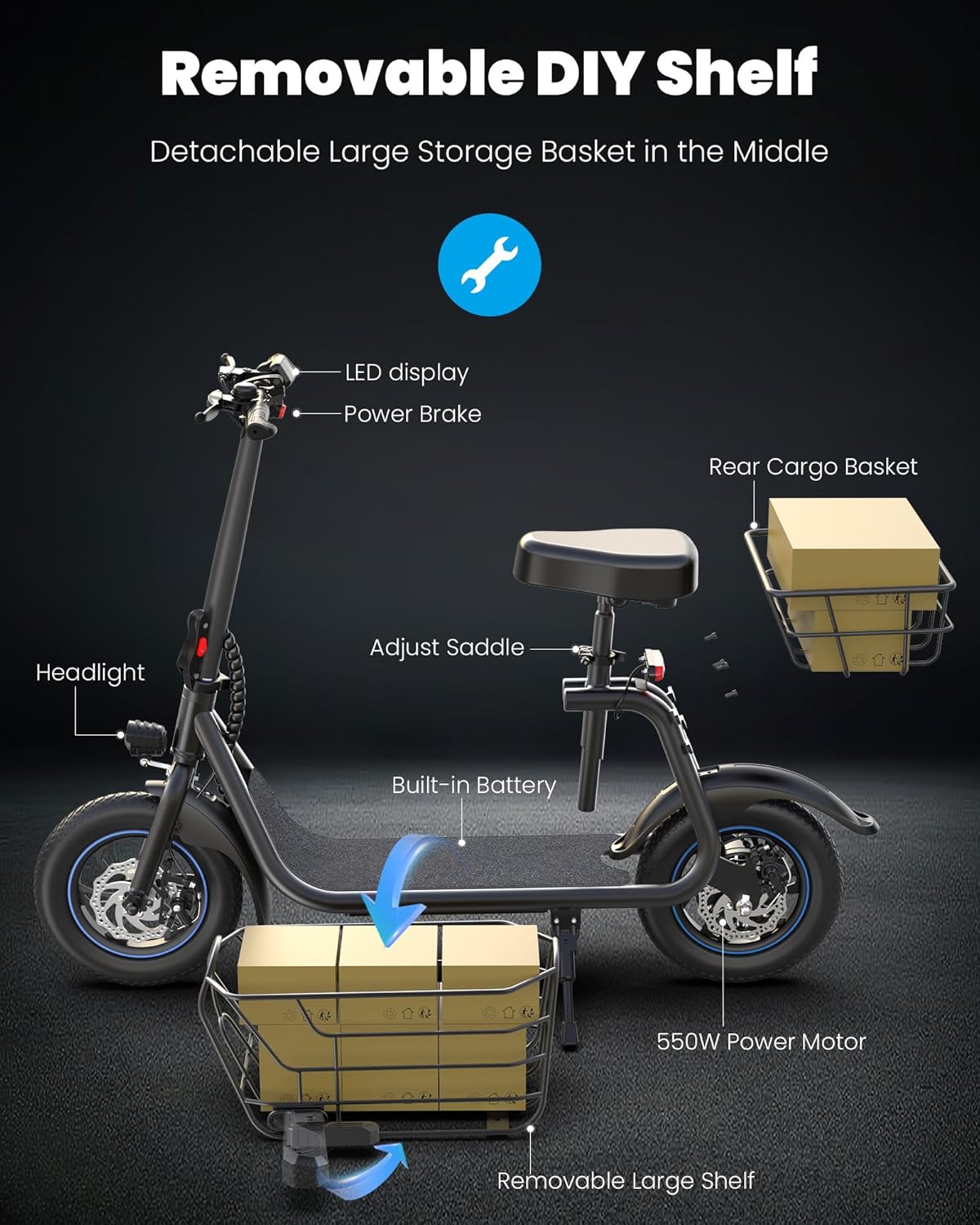 Adults Electric Scooter With Large Middle Basket - 550W And 650W Styles