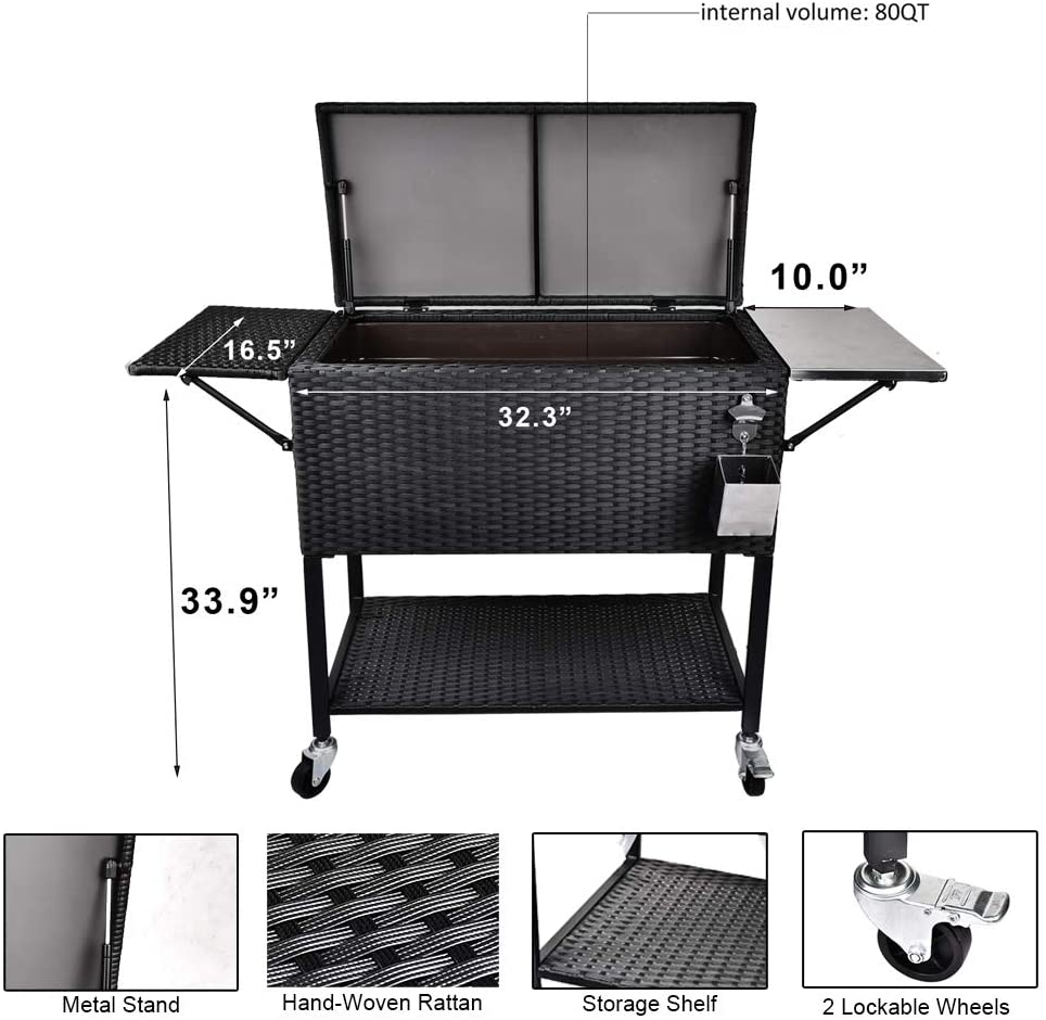 Rattan Rolling Cooler Cart, 80 Quart / 20 Gallon