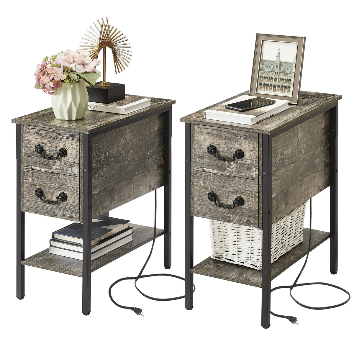 Narrow End Table With Charging Station, 2 Drawers, 19.6 in L x 11.8 in W x 23.6 in H, Gray/Black - 1-pcs / 2-pcs