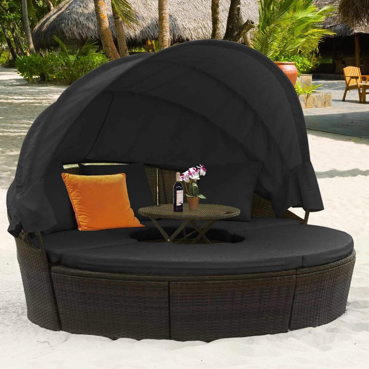 Rattan Round Outdoor Daybed With Retractable Sunshade Canopy, Cushions And Lift-Top Coffee Table
