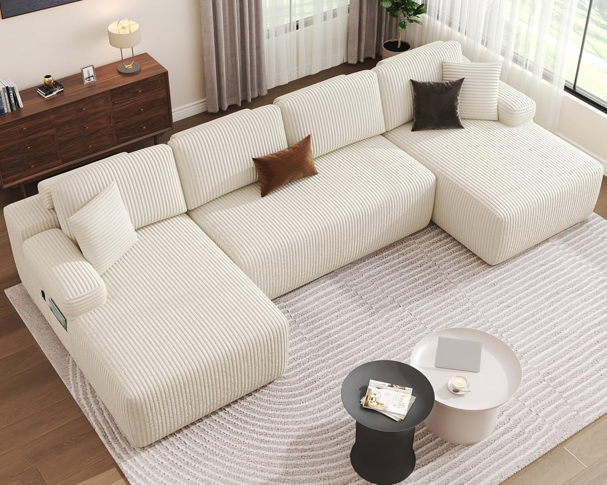 Modular U-Shaped Deep-Set Velvet Sofa Bed, 126.2 Inches, Beige