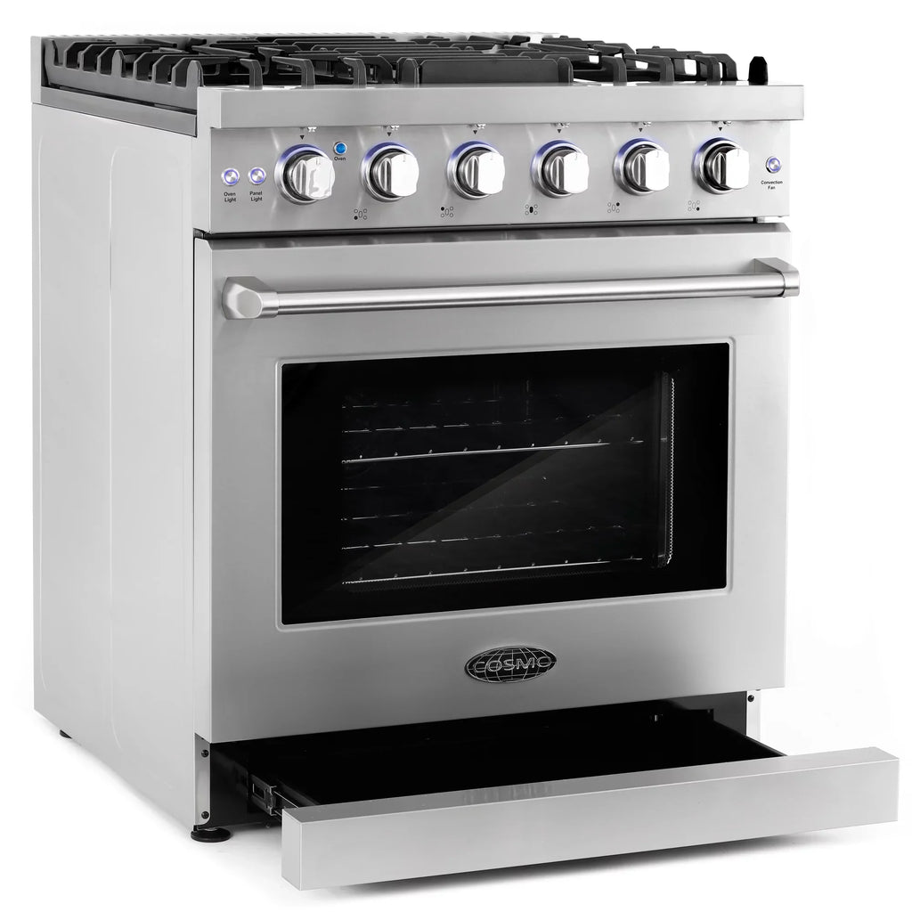 Cosmo 4-Piece Kitchen Appliance Package - 30 in Gas Range, Wall Mount Range Hood, 24 in Built-In Dishwasher, French Door Refrigerator