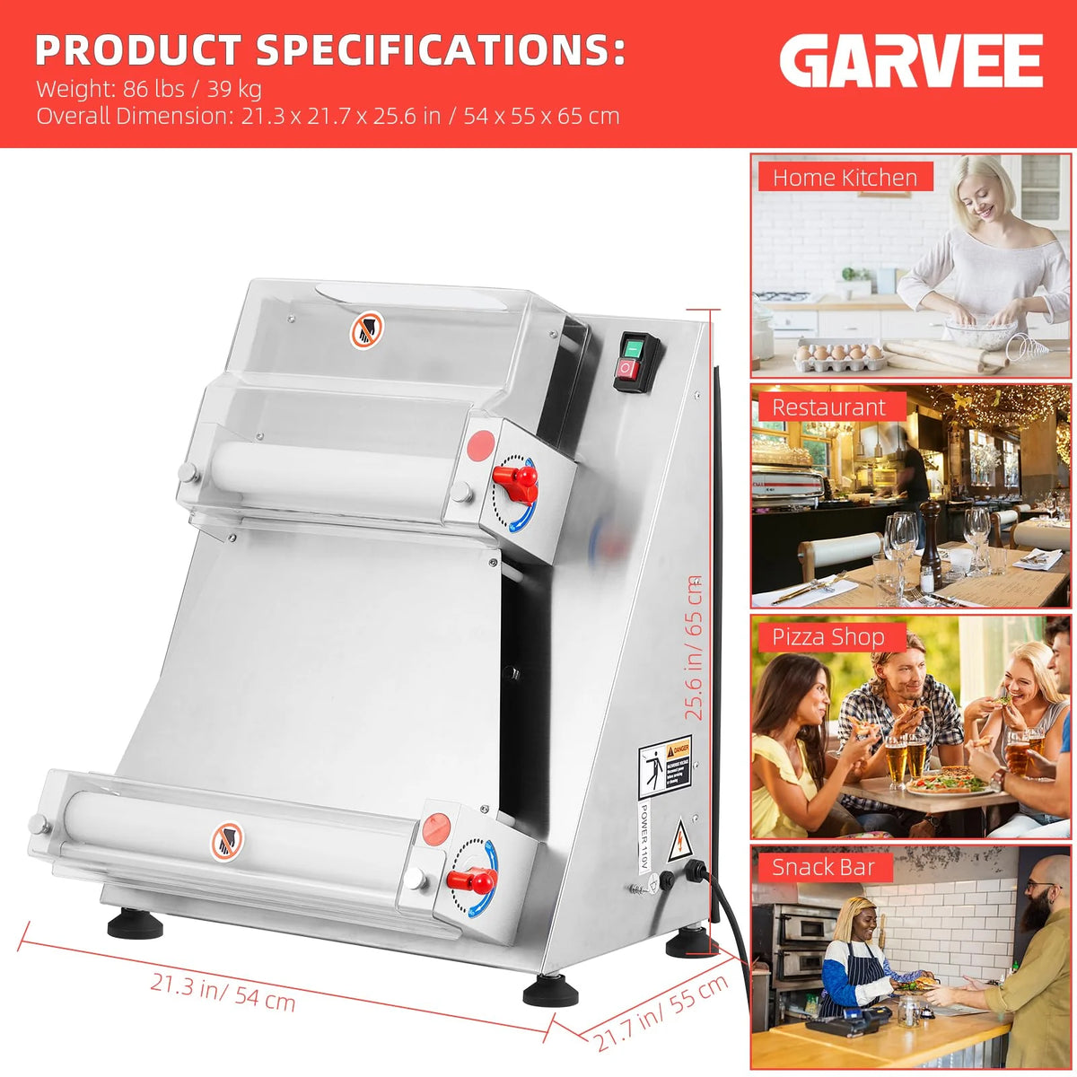 Commercial Pizza Dough Roller Sheeter, 370W, Stainless Steel, Max 16