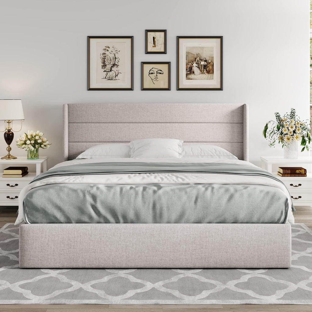 Queen Size Lift-Up Storage Bed With Wingback Headboard, Upholstered Platform Bed Frame With Hidden Storage