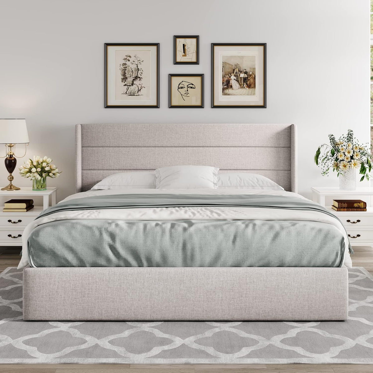 Queen Size Lift-Up Storage Bed With Wingback Headboard, Upholstered Platform Bed Frame With Hidden Storage